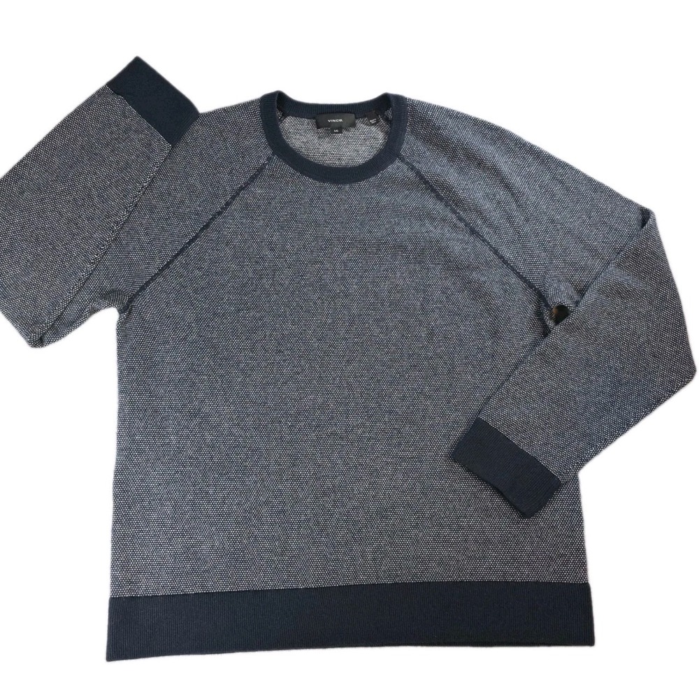 Vince Men Large Navy‎ Wool Cashmere Birds Eye Knit Sweater Raglan Crew